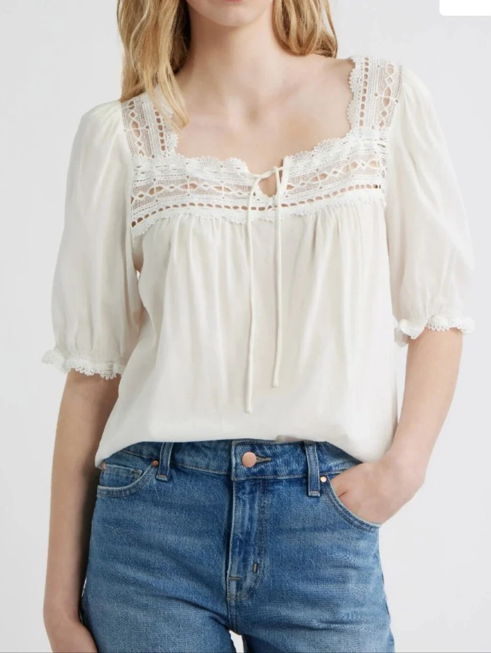 Reformation Wildflower Lace Trim Puff Sleeve Organic Cotton Blend Top Size 12